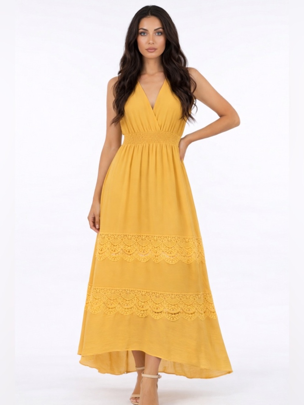 Women’s Mustard High-Low Maxi Dress with Lace Bands